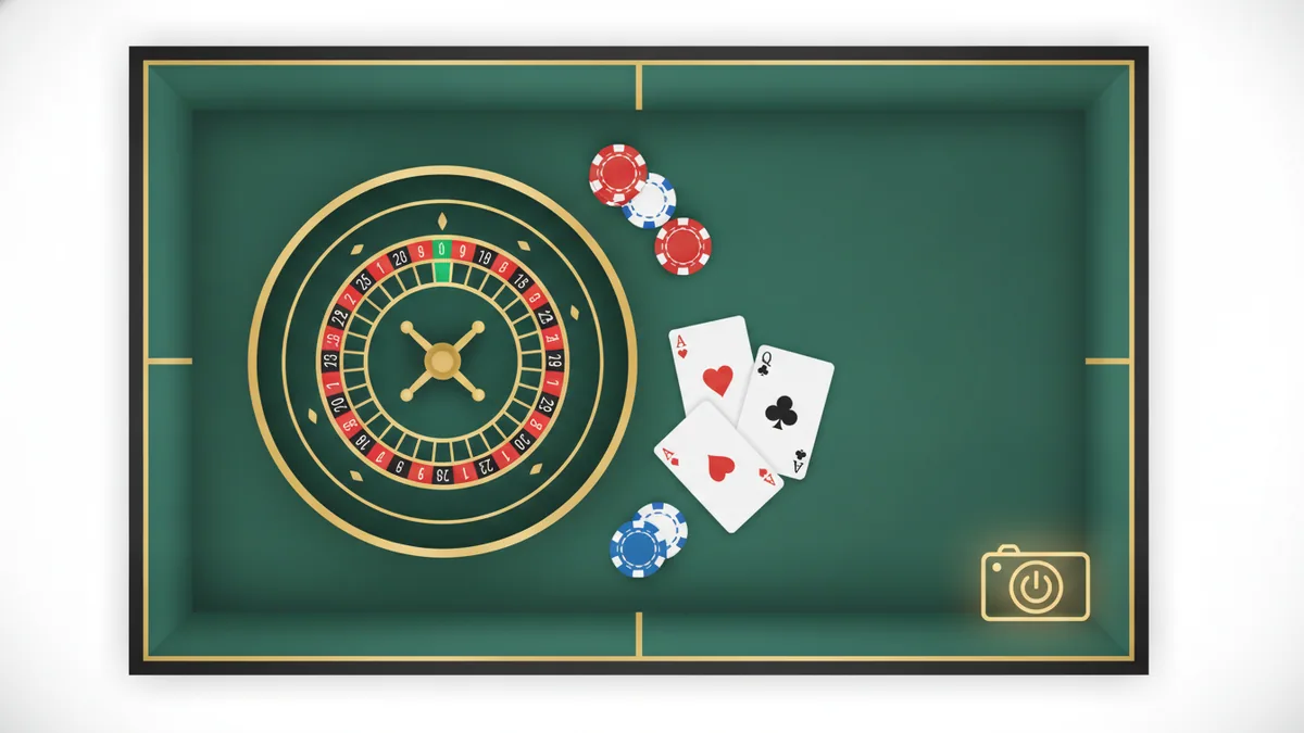 Live casino-bord med rulett, kort og sjetonger